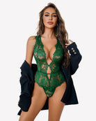 Green lace deep-V mini bodysuit with floral lace and front cutout