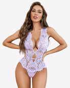 Lavender lace bodysuit teddy with deep V neckline and scalloped lace trim