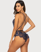 Back view lace bodysuit mini one-piece with crisscross straps, navy blue