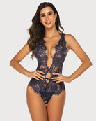 Lace bodysuit mini one-piece with deep V neckline, sleeveless, navy blue