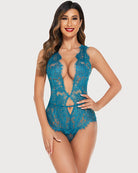 Blue lace print deep V bodysuit teddy with scalloped lace and crisscross front strap