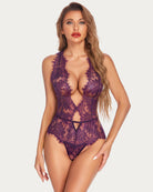 Dark purple lace bodysuit teddy with deep V front and scalloped trim