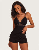 Black lace cami pajama set with matching shorts, scalloped V-neck lace trim