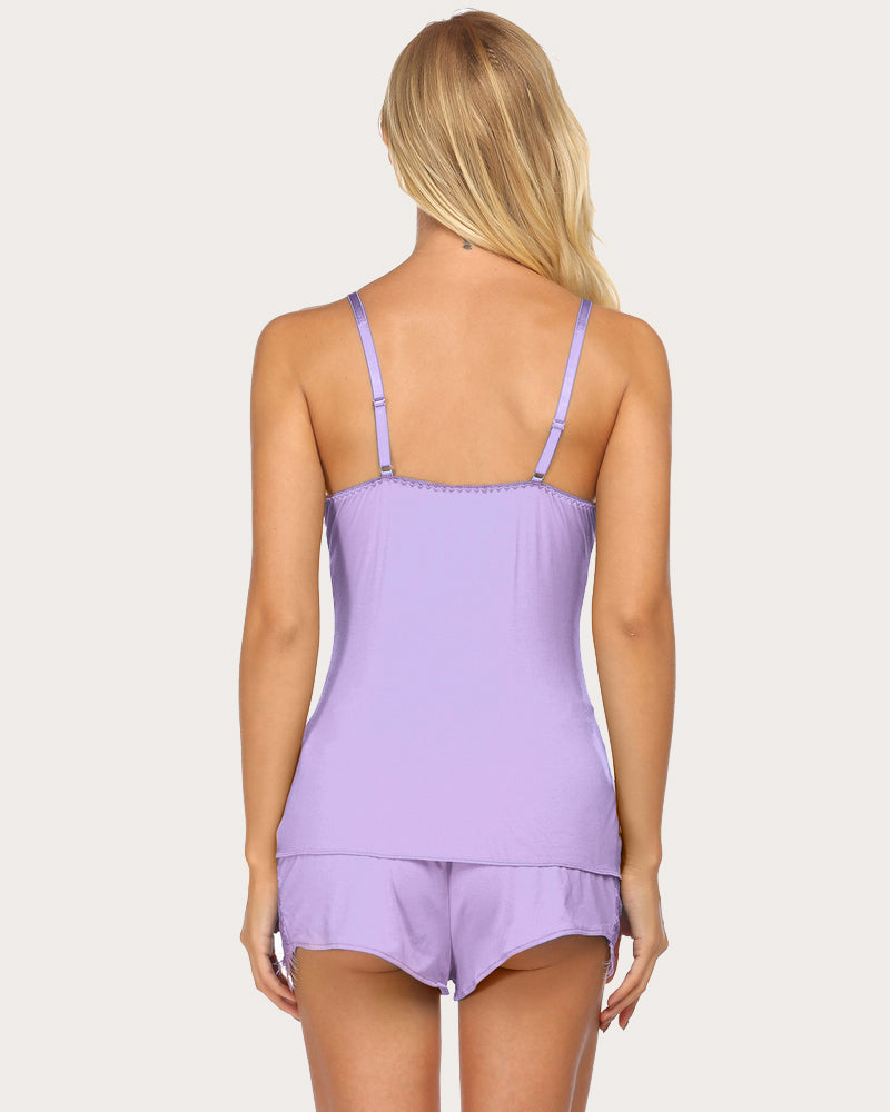 Lace cami pajama set in lavender purple, racerback with lace hem and matching shorts