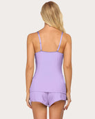 Lace cami pajama set in lavender purple, racerback with lace hem and matching shorts
