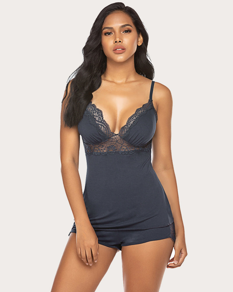Lace cami pajama set in slate navy, lace plunge front with matching short shorts