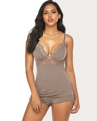 Lace-trim cami pajama set with shorts, taupe lace cups and V-neck