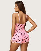 Pink heart cami pajama set, back view, with lace-trim matching shorts