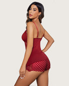 Burgundy lace-trim pajama cami and polka-dot shorts set, back view
