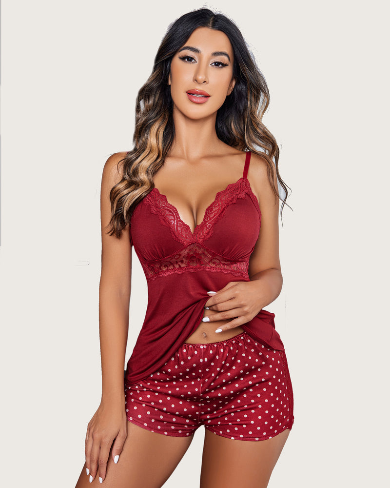Burgundy lace-trim pajama cami and polka-dot shorts set