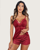 Burgundy lace-trim pajama cami and polka-dot shorts set