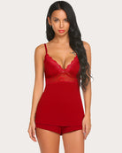 Red lace cami pajama set with matching shorts, V-neck lace bodice