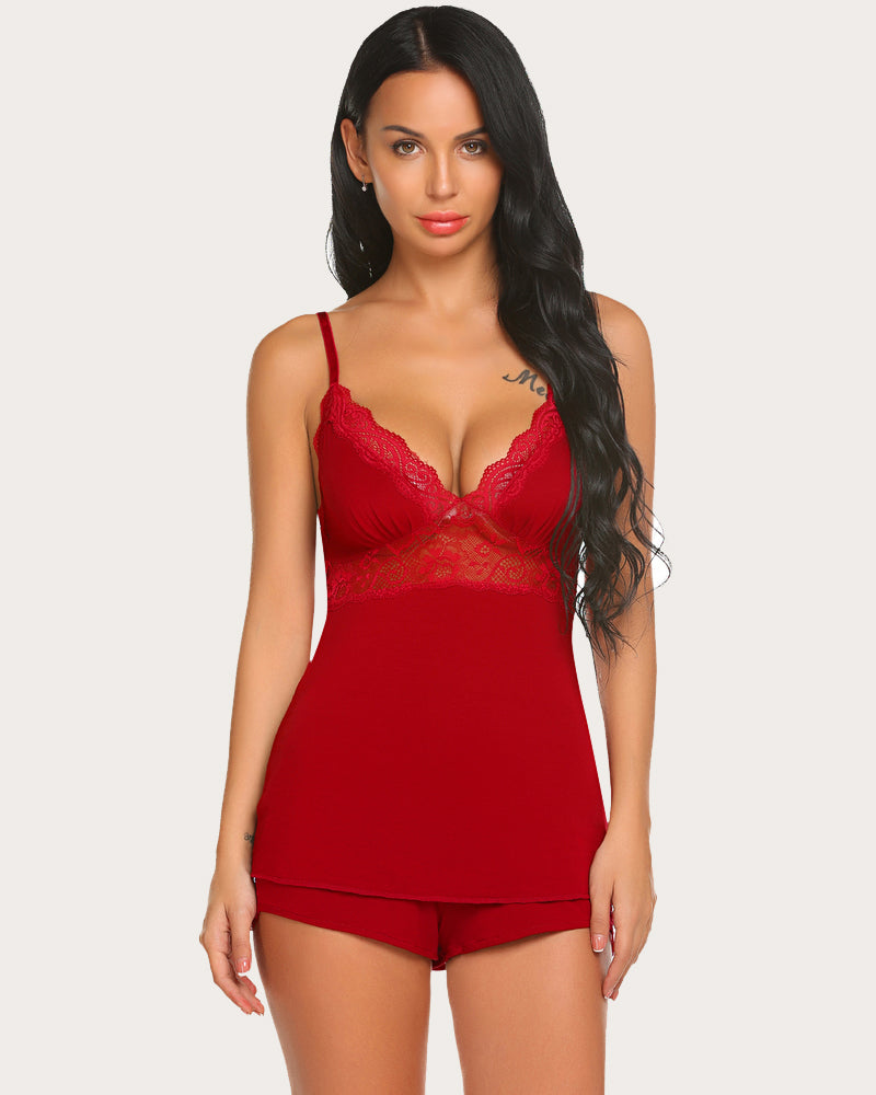 Red lace cami pajama set with matching shorts, V-neck lace bodice