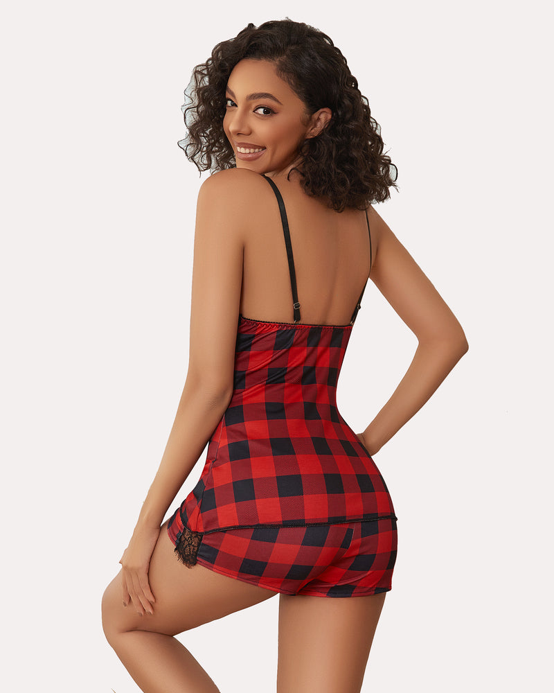 Red and black plaid lace cami pajama set with matching shorts, back view