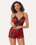 Red and black plaid lace cami pajama set with matching shorts, front view