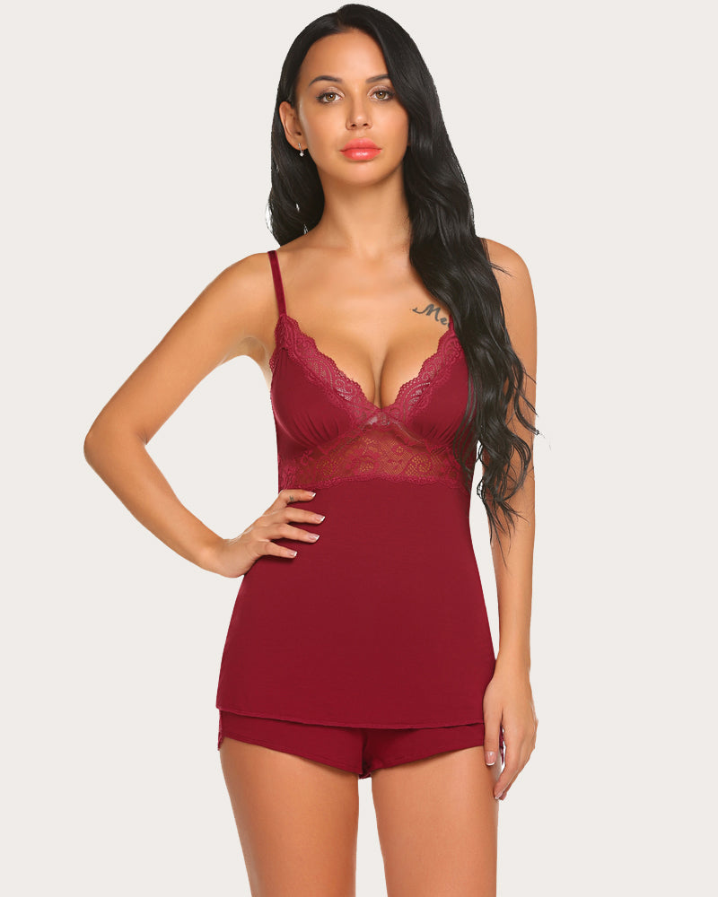 Lace cami pajama set with shorts, wine red lace cups and V-neck