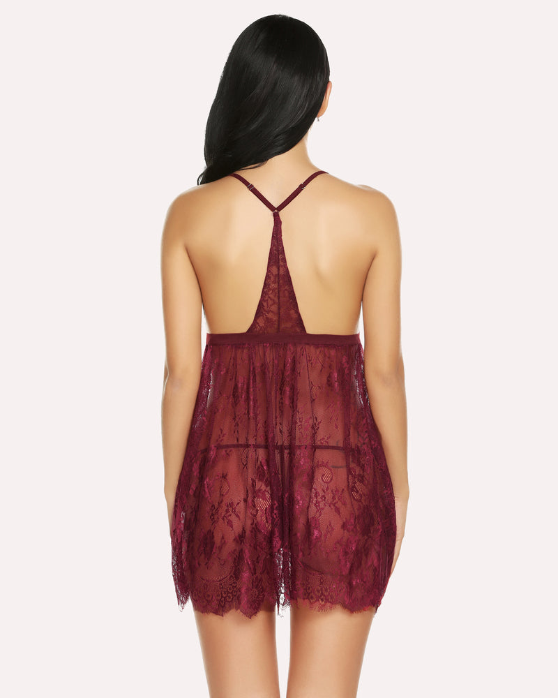 Wine red lace babydoll lingerie back view with crisscross straps and scalloped hem.