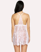 White lace lingerie babydoll, open back with lace straps and scalloped hem at hips