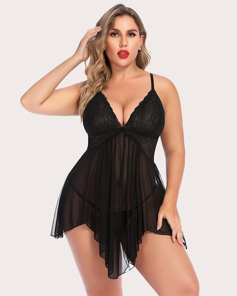Black lace V-neck babydoll sleep dress with sheer tulle skirt and asymmetrical ruffle