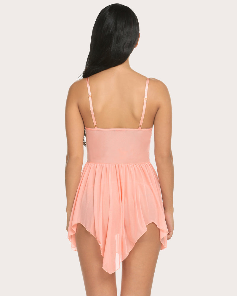 Light pink lace V-neck strap sleepwear dress, back view with adjustable straps