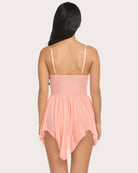 Light pink lace V-neck strap sleepwear dress, back view with adjustable straps