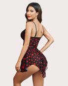 Black and red heart-print babydoll with lace-trim straps and flutter hem