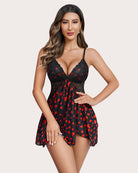 Black babydoll with red heart print, lace v-neck cups, and sheer skirt