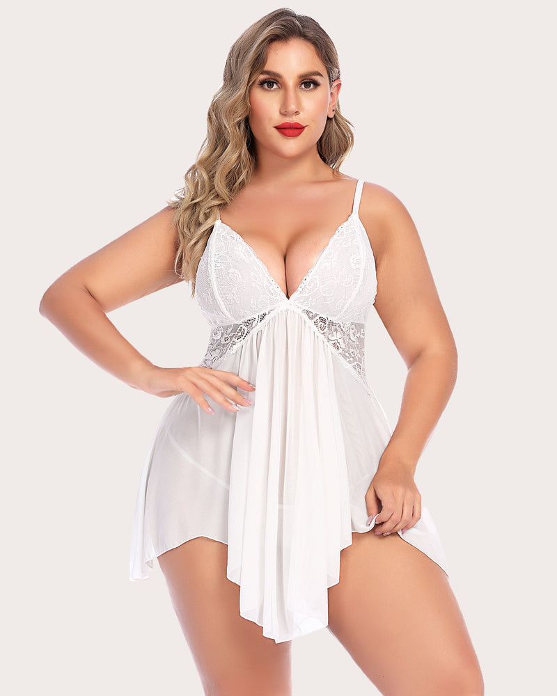 White lace V-neck strap sleepwear dress with lace bust and asymmetrical hem