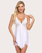 Plus-size lace V-neck babydoll in white, lace bodice, thin straps, layered chiffon skirt