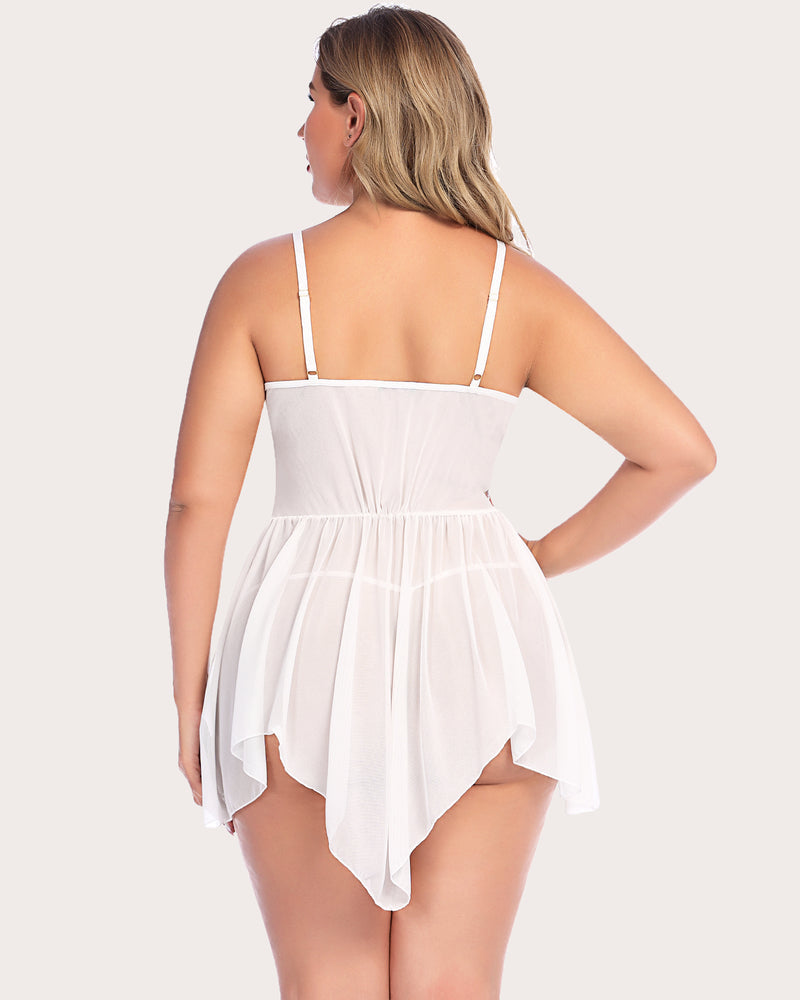 White lace V-neck strap sleepwear dress, back view with adjustable shoulder straps