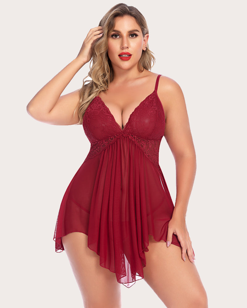 Plus size lace babydoll with irregular chiffon hem, deep wine red, V-neck