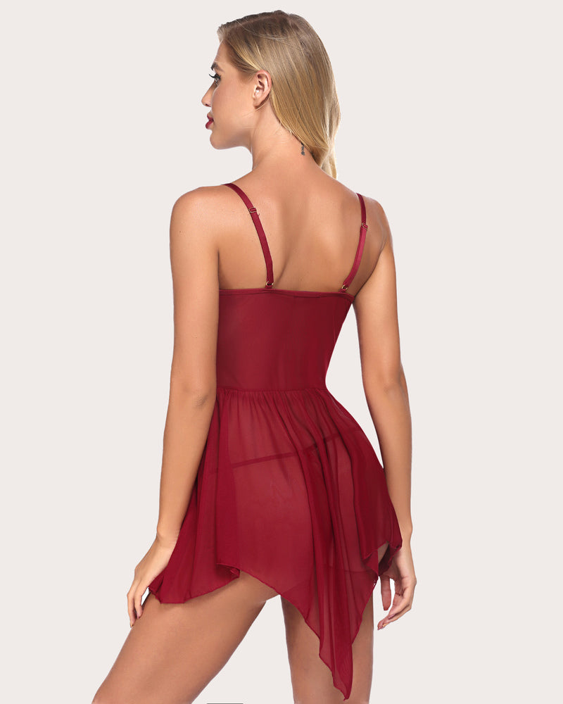 Plus size lace babydoll back view, deep red lace straps and irregular sheer hem