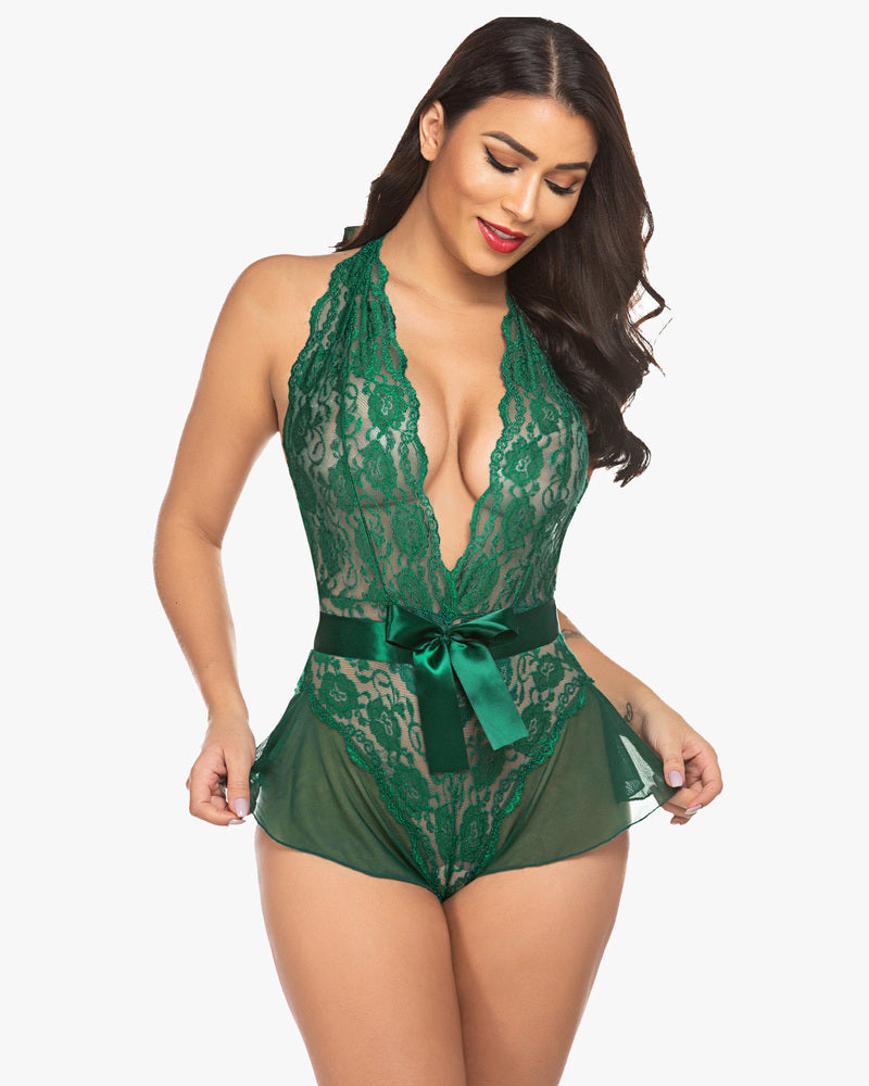Halter-style one-piece lingerie in green lace with deep V neckline and satin bow