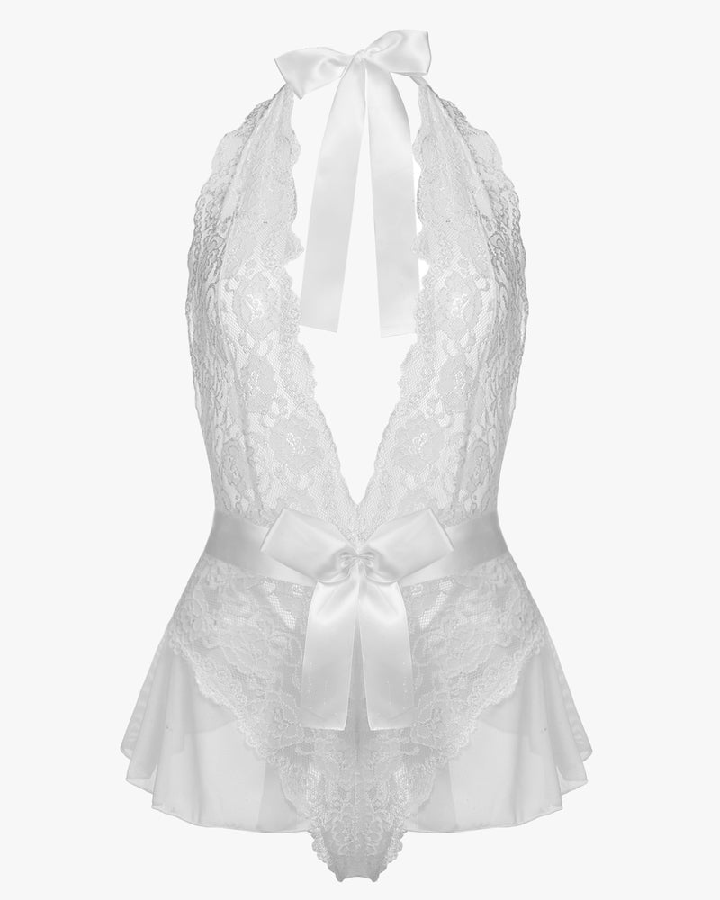 White lace halter V-neck one-piece lingerie with ribbon bow and tie-front