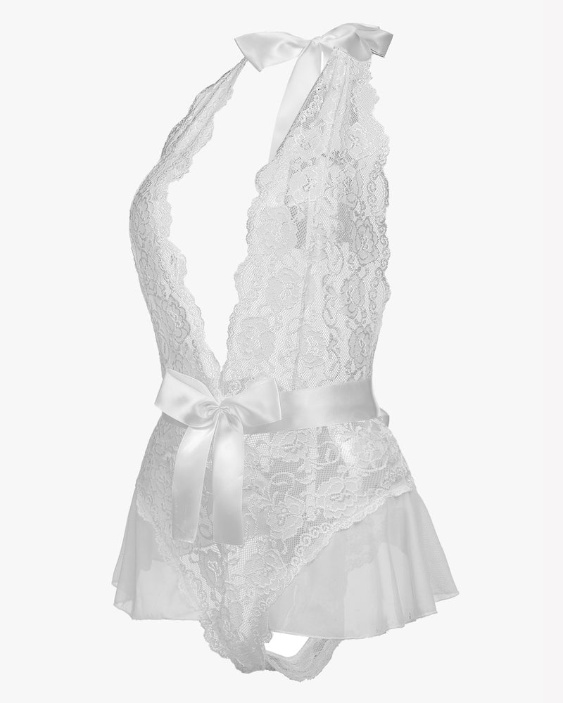 White lace halter V-neck one-piece lingerie with ribbon bow and ruffled hem