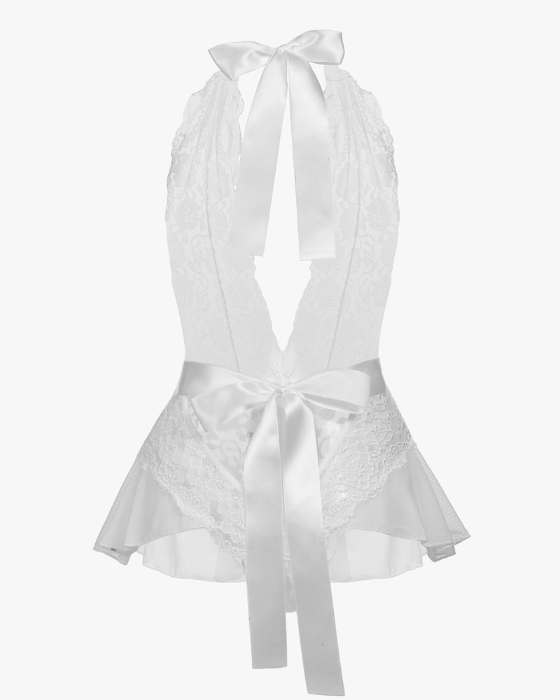 White lace halter V-neck one-piece lingerie with center-back bow and ruffled skirt