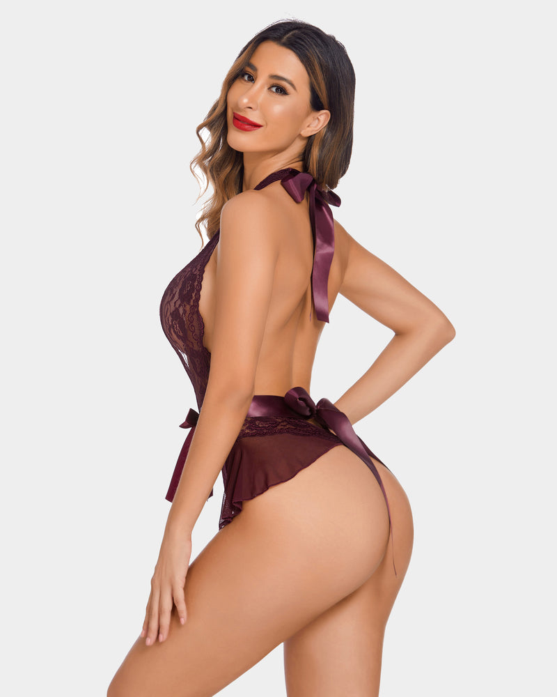 Lace halter V-neck bodysuit with bow, dark plum purple lace and satin mini skirt