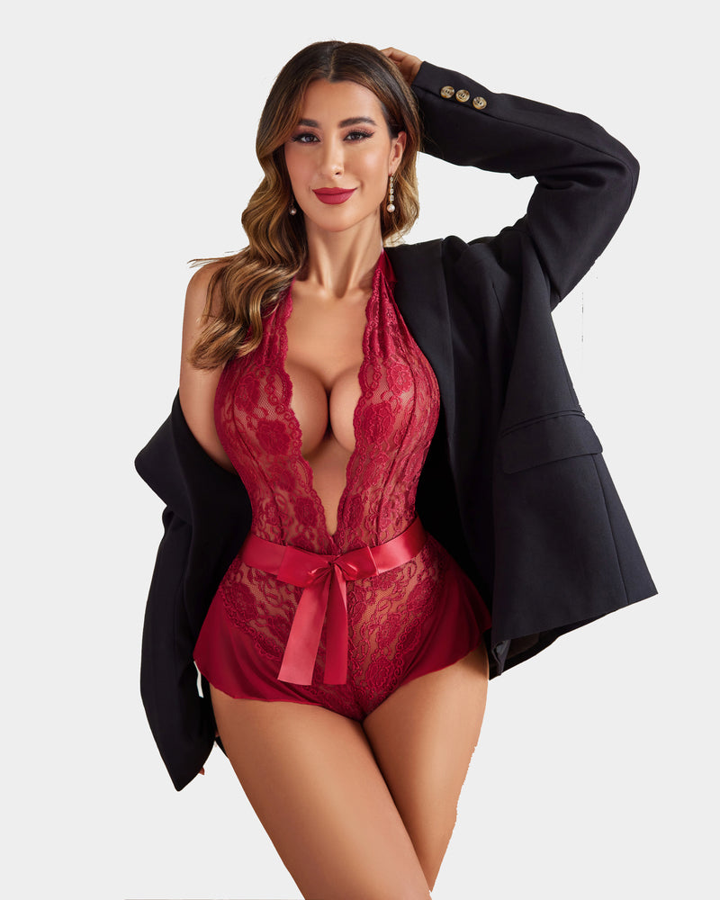 Red lace halter V-neck bodysuit with ribbon tie at the front