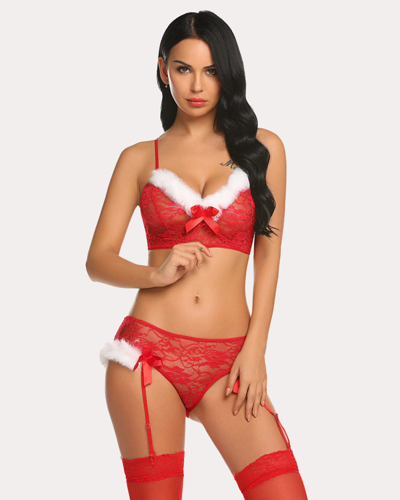 Red lace bra and panty set with white fur trim and bow, plus garter straps
