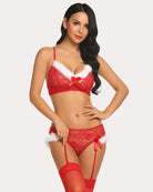 Red lace bra with white fur-trim cups, red lace panty, and garter straps