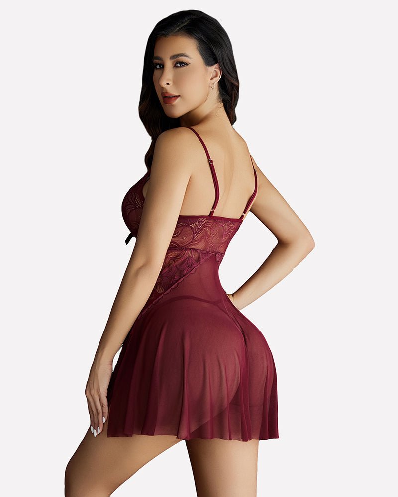 Plus size lace babydoll in dark burgundy from the side, sheer mesh skirt with lace trim