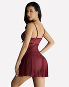 Plus size lace babydoll in dark burgundy from the side, sheer mesh skirt with lace trim