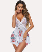 Plus size lace babydoll in pink floral print, sheer mesh skirt with floral lace bodice