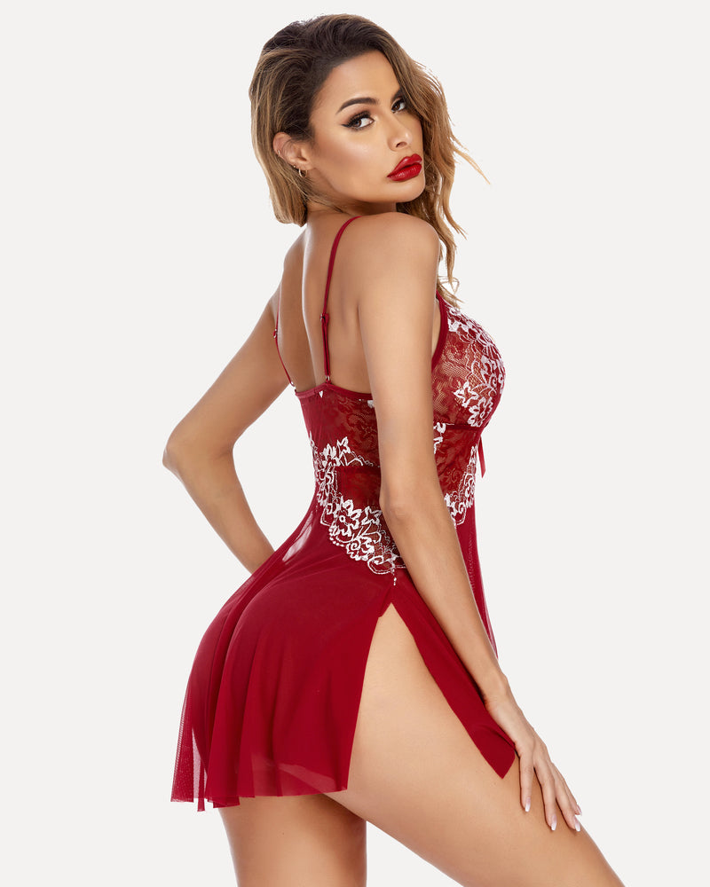 Burgundy lace babydoll nightdress with side slit and white lace-trimmed plunging neckline