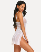 White lace babydoll nightdress with low back, V neckline, and flared short sheer hem