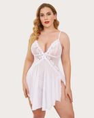 Plus size lace babydoll in white with floral lace cups, sheer mesh skirt, thin straps