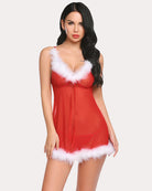Red chemise with white faux-fur trim, V-neck, adjustable spaghetti straps