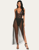 Black lace deep V bodysuit with sheer mesh skirt and waist tie