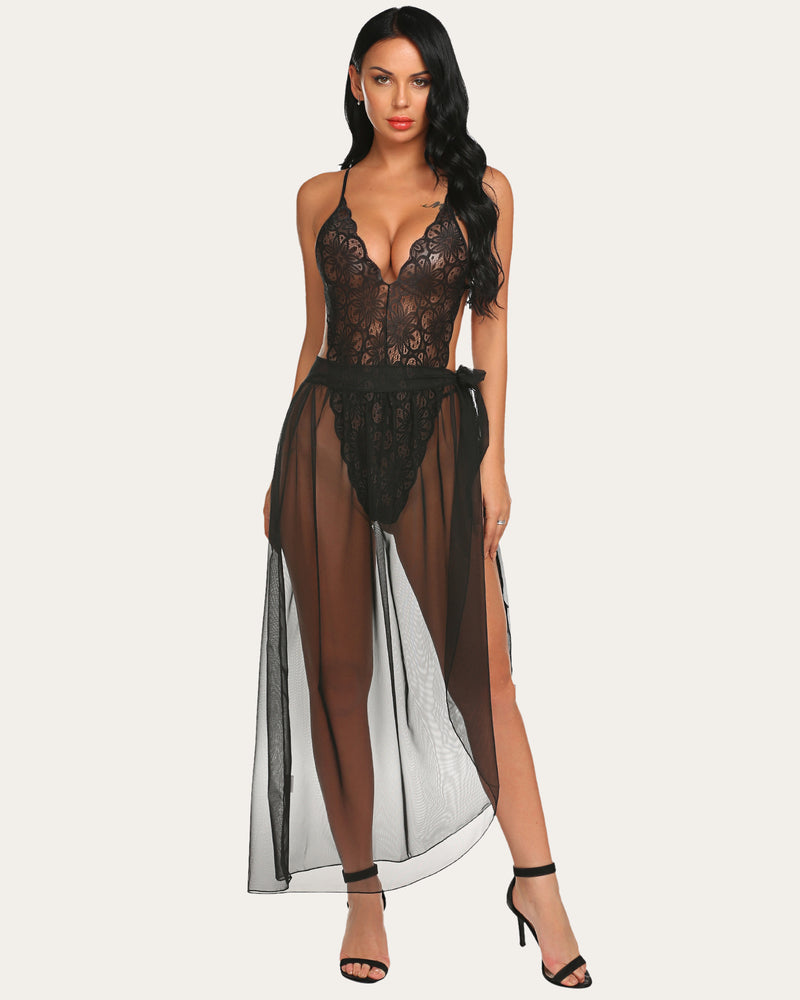 Black lace deep V bodysuit with sheer mesh skirt and waist tie