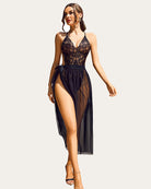 Black lace deep V bodysuit with sheer mesh skirt, front tie detail
